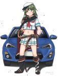  1girl asymmetrical_footwear black_footwear black_gloves blue_eyes boots cape car commission cutlass eyepatch full_body gloves green_hair ground_vehicle hat highres kantai_collection kiso_(kancolle) looking_at_viewer midriff motor_vehicle neckerchief onguuchi pleated_skirt red_neckwear remodel_(kantai_collection) sailor_hat school_uniform serafuku short_hair simple_background single_pauldron skeb_commission skirt solo standing toyota_86 white_background white_headwear white_skirt 