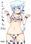  1girl 2021 animal_collar animal_ear_fluff animal_ears animal_print artist_logo artist_name bangs bell bikini black_ribbon blue_eyes blue_hair blush cat_ears chinese_zodiac collar commentary cow_print cowboy_shot eyebrows_visible_through_hair hair_ribbon happy_new_year highres koyuki_(pepatiku) long_hair looking_at_viewer low_twintails medium_hair navel new_year o-ring o-ring_bikini original parted_lips pepatiku print_bikini print_legwear ribbon sidelocks simple_background skindentation solo standing swimsuit thigh-highs translated twintails w_arms white_background white_bikini white_legwear wristband year_of_the_ox 