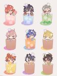  6+boys absurdres animal_ear_fluff animal_ears aragami_ouga arurandis astel_leda biting black_hair blonde_hair blue_hair blush chef_hat chibi cup drink glasses green_eyes grey_hair hair_behind_ear hanasaki_miyabi hat heterochromia highres holostars horns jackal_ears jinra_(mkzk_116) kageyama_shien kanade_izuru kishido_temma looking_at_viewer looking_to_the_side male_focus miniboy multicolored_hair multiple_boys one_eye_closed open_mouth orange_eyes orange_hair pink_hair redhead rikka_(holostars) single_horn smile streaked_hair tongue tongue_out v-shaped_eyebrows violet_eyes virtual_youtuber waving white_hair yukoku_roberu 