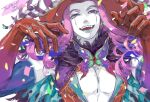  1boy abs aves_plumbum9 blue_eyes blue_lips butterfly_ornament cape center_opening colored_skin confetti curly_hair eyelashes fangs fate/grand_order fate_(series) fur-trimmed_cape fur_collar fur_trim hands_up hat headpiece horns lips makeup male_focus medium_hair mephistopheles_(fate) multicolored multicolored_eyes parted_lips purple_hair simple_background smile solo squinting tareme teardrop teeth thick_eyebrows toned toned_male unzipped upper_body violet_eyes white_background white_skin 