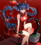  1girl arknights bangs bare_arms bare_legs bare_shoulders bead_bracelet beads black_shorts blue_hair bracelet breasts ch&#039;en_(ageless_afterglow)_(arknights) ch&#039;en_(arknights) china_dress chinese_clothes cleavage_cutout clothing_cutout double_bun dragon dragon_girl dragon_horns dragon_tail dress eastern_dragon hair_between_eyes highres horns hoshi_rasuku jewelry long_hair looking_at_viewer medium_breasts petals red_background red_dress red_eyes red_footwear shorts sidelocks sitting sleeveless sleeveless_dress solo tail thighs 