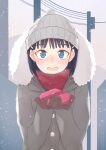  1girl bangs black_hair blue_eyes blush chocolate commission eyebrows_visible_through_hair falsche.shido gloves hair_ornament hairclip highres kirigaya_suguha looking_at_viewer open_mouth short_hair snowing solo sword_art_online valentine 