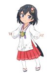  1girl alternate_costume bangs black_hair blue_eyes child eyebrows_visible_through_hair full_body greater_lophorina_(kemono_friends) hair_ornament hair_wings highres japari_symbol kemono_friends long_sleeves looking_at_viewer outstretched_arms pleated_skirt red_skirt sandals shiraha_maru shirt short_hair simple_background skirt smile solo spread_arms standing tail thigh-highs white_background white_legwear white_shirt younger 
