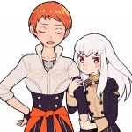  2girls arm_hug closed_eyes closed_mouth do_m_kaeru fire_emblem fire_emblem:_three_houses garreg_mach_monastery_uniform leonie_pinelli long_hair long_sleeves lysithea_von_ordelia multiple_girls open_mouth orange_hair pink_eyes short_hair simple_background twitter_username uniform upper_body white_background white_hair 