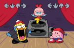 backwards_hat curtains formal friday_night_funkin&#039; grin hat highres king_dedede kirby kirby_(series) looking_at_another microphone no_humans open_mouth parody pink_hair rariatto_(ganguri) ribbon_(kirby) shoes smile speaker stage suit sweat