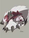  absurdres commentary full_body gen_7_pokemon grey_background highres lycanroc lycanroc_(midnight) no_humans open_mouth ouran pokemon pokemon_(creature) sharp_teeth signature simple_background solo teeth tongue 