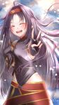  1girl :d ahoge armor bangs blue_sky breastplate closed_eyes clouds cloudy_sky detached_sleeves fingerless_gloves gloves hairband hand_on_hip highres leotard long_hair open_mouth parted_bangs pointy_ears purple_hair purple_leotard purple_sleeves red_hairband side_slit skirt sky smile solo standing sword_art_online v very_long_hair yuuki_(sao) zunepiyo 