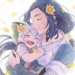  29dangooo 2boys blue_hair blush child closed_eyes flower hair_flower hair_ornament long_hair luoxiaohei multiple_boys open_mouth petals short_hair short_sleeves signature smile the_legend_of_luo_xiaohei white_background white_hair wuxian_(the_legend_of_luoxiaohei) yellow_flower 