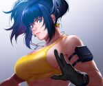  1girl arm_strap bangs bare_shoulders blue_eyes blue_hair breasts clenched_hand closed_mouth crop_top dog_tags earrings gloves gradient gradient_background highres jewelry large_breasts leona_heidern long_hair looking_down ponytail pouch serious sleeveless solo sports_bra syo_chikubai tank_top the_king_of_fighters the_king_of_fighters_xiv the_king_of_fighters_xv triangle_earrings upper_body yellow_tank_top 