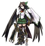  1girl adapted_costume arm_cannon arms_at_sides bird_wings black_legwear black_wings bow brown_eyes brown_hair cape closed_mouth feathered_wings full_body green_bow green_skirt hair_between_eyes hair_bow highres long_hair looking_at_viewer metal_boots miniskirt mismatched_footwear reiuji_utsuho shirt shukusuri simple_background skirt smile solo standing starry_sky_print thigh-highs third_eye touhou weapon white_background white_cape white_shirt wings zettai_ryouiki 
