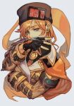  1girl armband bangs blonde_hair blue_eyes covering_mouth fingerless_gloves gloves guilty_gear guilty_gear_strive hankuri hat hankuri jacket long_hair looking_at_viewer millia_rage solo traditional_media upper_body yellow_jacket 