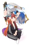  2girls ahoge amane_kanata angel_wings blonde_hair blue_hair bow dragon_girl dragon_horns eyebrows_visible_through_hair fingersmile floating forced_smile hair_ornament hairband highres hololive horn_bow horns kiryuu_coco long_hair mouth_pull multicolored_hair multiple_girls orange_hair pointy_ears short_hair silver_hair streaked_hair track_suit virtual_youtuber wings yoako 