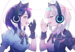  2girls :d ahoge aiba_uiha animal_ears bandaged_arm bandages black_bow black_gloves black_jacket black_skirt blue_bow blue_eyes blue_shirt bow braid breasts cat_ear_headphones collared_shirt eye_contact fake_animal_ears fang from_side gloves grey_hair hair_bow hair_ornament happy_synthesizer_(vocaloid) headphones headset high-waist_skirt highres jacket looking_at_another medium_breasts meito_(maze) multiple_girls nijisanji open_clothes open_jacket open_mouth polka_dot polka_dot_shirt profile purple_hair red_eyes shirt short_sleeves skirt smile sukoya_kana twintails upper_body white_bow white_shirt wrist_cuffs x_hair_ornament 