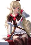  1girl absurdres arm_behind_head arm_support azur_lane bangs black_legwear black_skirt blonde_hair blue_eyes blush breasts brown_capelet brown_ribbon capelet coat commentary cowboy_shot dorsetshire_(azur_lane) dress eyebrows_visible_through_hair hair_between_eyes hair_intakes hair_ribbon highres long_hair long_sleeves looking_at_viewer medium_breasts miniskirt panties pantyshot parted_lips partially_unbuttoned ribbon sankyo_(821-scoville) sidelocks simple_background sitting skirt smile solo thigh-highs underwear very_long_hair white_background white_coat white_dress white_panties zettai_ryouiki 