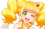  1girl ;d bangs bare_shoulders blonde_hair blush choker collarbone cure_sparkle earrings eyebrows_visible_through_hair gloves green_eyes hair_ornament healin&#039;_good_precure heart heart_hair_ornament jewelry kyoutsuugengo long_hair one_eye_closed open_mouth portrait precure shiny shiny_hair smile solo twintails white_gloves yellow_choker 