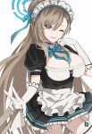 1girl absurdres apron asuna_(blue_archive) bangs between_breasts black_dress blue_archive blue_bow bow bowtie braid breasts brown_hair choker dress elbow_gloves eyes_visible_through_hair garter_straps gloves hair_bun hair_over_one_eye halo headphones highres large_breasts long_hair looking_at_viewer maid_headdress mole mole_on_breast one_eye_closed open_mouth oy_ils parted_bangs pleated_dress puffy_short_sleeves puffy_sleeves short_sleeves simple_background smile solo thigh-highs very_long_hair waist_apron white_apron white_background white_gloves white_legwear 