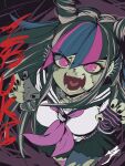  1girl aetherion bangs black_hair black_skirt blue_hair breasts character_name claw_pose commentary commission dangan_ronpa_(series) dangan_ronpa_2:_goodbye_despair ear_piercing fangs from_above hair_horns hands_up highres jewelry lip_piercing long_hair looking_at_viewer medium_breasts mioda_ibuki mismatched_legwear multicolored_hair neckerchief necklace open_mouth piercing pink_eyes pink_hair pleated_skirt sailor_collar scar school_uniform serafuku skirt smile solo stitches teeth thigh-highs tongue torn_clothes torn_legwear white_hair zombie zombie_land_saga 