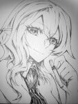  1girl ascot cigarette closed_mouth greyscale highres holding holding_cigarette looking_at_viewer medium_hair monochrome nail_polish older portrait remilia_scarlet shukusuri slit_pupils smile solo touhou traditional_media upper_body 
