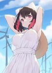  1girl animal_ears armpits arms_up black_hair breasts cloba dress floral_print from_below hat highres large_breasts original pink_eyes player_2_(cloba) pouty_lips see-through short_hair solo straw_hat sundress 