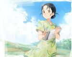  1girl black_hair blue_sky border brown_eyes closed_mouth clothes_lift clouds cloudy_sky collarbone colored_pencil day dress eyelashes facing_viewer floral_print flower green_dress green_flower hair_bun hands_up happy holding holding_notebook holding_pencil kono_sekai_no_katasumi_ni light_blush light_smile looking_afar mole mole_under_mouth notebook outdoors pencil riru short_sleeves skirt skirt_lift sky solo standing tied_hair upper_body urano_suzu white_border 