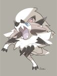  absurdres blue_eyes claws commentary fangs full_body gen_7_pokemon grey_background highres lycanroc lycanroc_(midday) no_humans open_mouth ouran pokemon signature simple_background solo tongue 