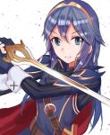  1girl bangs black_gloves blue_eyes blue_hair cape eyebrows_visible_through_hair falchion_(fire_emblem) fingerless_gloves fire_emblem fire_emblem_awakening gloves hair_between_eyes hairband holding holding_sword holding_weapon long_hair long_sleeves looking_at_viewer lucina_(fire_emblem) open_mouth red_cape shiny shiny_hair sketch solo suzumo70 sword upper_body very_long_hair weapon white_background 