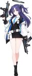 1girl black_footwear black_legwear blue_archive blue_eyes blue_neckwear dual_wielding gloves gun halo highres holding hwansang long_hair looking_at_viewer miniskirt necktie office_lady official_art purple_hair sig_sauer sig_sauer_mpx skirt socks solo standing submachine_gun transparent_background twintails two_side_up weapon yuuka_(blue_archive) 
