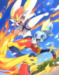 bright_pupils cinderace commentary_request day fang fence fire gen_8_pokemon highres looking_at_another makoto_ikemu no_humans open_mouth outdoors pokemon pokemon_(creature) red_eyes signature sky smile sobble starter_pokemon tongue 