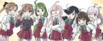  6+girls ahoge akigumo_(kancolle) asashimo_(kancolle) bangs black_hair black_sweater blunt_bangs braid brown_eyes brown_hair commentary_request double_bun dress glasses green_eyes green_hair green_neckwear grey_eyes grey_legwear hair_over_one_eye halterneck hayashimo_(kancolle) highres kantai_collection kazagumo_(kancolle) kishinami_(kancolle) long_hair makigumo_(kancolle) mizuki_kyou multiple_girls pantyhose pink_hair pleated_dress ponytail purple_dress school_uniform sharp_teeth shirt short_hair silver_hair single_braid sleeves_past_fingers sleeves_past_wrists sweater teeth twintails very_long_hair wavy_hair white_shirt yuugumo_(kancolle) 