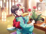 1girl bang_dream! black_hair blush east_asian_architecture flower hair_flower japanese_architecture japanese_clothes japanese_house kimono looking_at_viewer mitake_ran official_art open_mouth red_bow red_eyes short_hair smile solo street