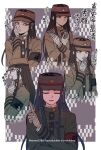  108_(toowa) 1boy artist_name bandaged_arm bandaged_hands bandages bangs border brown_hair brown_jacket chain closed_eyes commentary_request covering_mouth crossed_arms dangan_ronpa_(series) dangan_ronpa_v3:_killing_harmony from_side gakuran grey_background hand_on_own_cheek hand_on_own_face hand_over_own_mouth hand_up hands_up hat highres index_finger_raised jacket long_hair long_sleeves looking_at_viewer male_focus multiple_views open_mouth peaked_cap school_uniform shinguuji_korekiyo smile translation_request upper_body white_border 