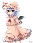  1girl artist_name ascot bat_wings blue_hair blush brooch closed_mouth commentary_request cowboy_shot dress eyebrows_visible_through_hair frilled_dress frilled_shirt_collar frilled_sleeves frills hat hat_ribbon heart highres jewelry looking_at_viewer medium_hair mob_cap pink_dress pink_headwear pout pudding_(skymint_028) puffy_short_sleeves puffy_sleeves red_eyes red_neckwear red_ribbon remilia_scarlet ribbon ribbon-trimmed_sleeves ribbon_trim short_sleeves signature simple_background solo standing touhou white_background wings 