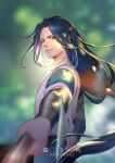  1boy aqua_eyes black_hair blurry blurry_background floating_hair highres kenin long_hair looking_at_viewer male_focus parted_lips solo the_legend_of_luo_xiaohei upper_body very_long_hair wuxian_(the_legend_of_luoxiaohei) 