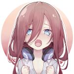  1girl absurdres blue_eyes blush commentary_request eyebrows_visible_through_hair fang go-toubun_no_hanayome hair_between_eyes headphones headphones_around_neck highres huge_filesize long_hair looking_at_viewer mmhomm nakano_miku open_mouth redhead shirt skin_fang solo upper_body white_shirt 