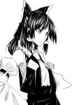  1girl bare_shoulders bow breasts closed_mouth detached_sleeves greyscale hair_bow hair_tubes hakurei_reimu hands_on_hips highres long_sleeves medium_hair monochrome necktie shukusuri simple_background small_breasts solo touhou white_background wide_sleeves 