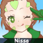  1girl blue_background blurry blurry_background blush brown_hair character_name chitan coat commentary_request elf english_text facial_hair genshin_impact green_coat green_eyes hair_slicked_back letterboxed lowres magic:_the_gathering nissa_revane one_eye_closed paimon_(genshin_impact) parody pointy_ears ponytail portrait salute sidelocks sky solo tongue tongue_out 