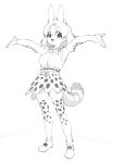  1girl :d absurdres animal_ears armpits arms_up bangs bow bowtie elbow_gloves extra_ears fang full_body gloves greyscale hair_between_eyes highres kemono_friends kona_ming looking_at_viewer monochrome open_mouth outstretched_arms print_gloves print_legwear print_neckwear print_skirt serval_(kemono_friends) serval_ears serval_print serval_tail shirt shoes short_hair simple_background skirt sleeveless sleeveless_shirt smile solo spread_arms standing tail thigh-highs white_background 