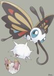  absurdres beautifly blue_eyes bug butterfly commentary_request gen_3_pokemon grey_background highres insect no_humans ouran pokemon pokemon_(creature) shiny signature silcoon simple_background wurmple 