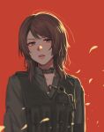  1girl blurry brown_hair bulletproof_vest choker expressionless eyebrows_visible_through_hair green_eyes long_sleeves medium_hair metal_gear_(series) metal_gear_solid_v noriuma official_alternate_costume parted_lips petals quiet_(metal_gear) red_background sidelighting sideways_glance solo tactical_clothes tagme upper_body vest 
