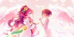  2girls back_bow bow closed_mouth cure_grace dress feathered_wings flower from_side hair_flower hair_ornament hanadera_nodoka hands_clasped healin&#039;_good_precure highres kyoutsuugengo long_hair long_sleeves multiple_girls own_hands_together precure profile redhead short_hair sleeveless sleeveless_dress smile sundress very_long_hair white_dress white_wings wings yellow_bow yellow_flower 