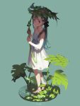  1girl aqua_eyes bare_shoulders black_bow bow braid dress flower frog from_above green_hair hair_bow hair_flower hair_ornament highres holding holding_leaf leaf looking_to_the_side original photoshop_(medium) signature sleeveless sleeveless_dress smile solo vofan white_dress 