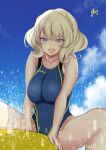  1girl :d absurdres banana_boat blonde_hair blue_eyes blue_sky blue_swimsuit breasts clouds cloudy_sky colorado_(kancolle) competition_swimsuit day eyebrows_visible_through_hair hair_between_eyes highres inflatable_raft inflatable_toy kantai_collection large_breasts ocean on_banana one-piece_swimsuit open_mouth outdoors short_hair side_braids sky smile solo straddling swimsuit tonbury water yellow_swimsuit 