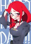  1girl background_text bespectacled black_choker blue_background blush breasts choker collarbone commentary_request glasses hair_tubes happy_birthday kou_eno little_witch_academia long_hair looking_at_viewer medium_breasts open_mouth red_eyes redhead robe shiny_chariot simple_background smile solo sweatdrop upper_body ursula_charistes wide_sleeves 