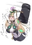  blonde_hair blush breasts earrings flower hair_flower hair_ornament hammer highres jewelry large_breasts miniskirt open_mouth pantyhose ryouten9 skirt solo super_smash_bros. translation_request white_background xenoblade_chronicles_(series) xenoblade_chronicles_2 yellow_eyes 