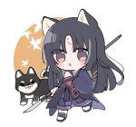  1girl :o animal animal_ears arknights bangs beads black_footwear black_hair brown_background brown_eyes chibi dog facial_mark forehead_mark holding holding_polearm holding_weapon japanese_clothes kimono long_hair long_sleeves looking_at_viewer naginata pants parted_bangs parted_lips polearm prayer_beads puffy_pants purple_kimono purple_pants saga_(arknights) socks solo two-tone_background very_long_hair weapon white_background white_legwear wide_sleeves xijian 