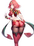  1girl ? ass back bangs black_gloves blush breasts earrings fingerless_gloves gloves highres jewelry large_breasts letter looking_at_viewer looking_back pantyhose pyra_(xenoblade) red_eyes red_shorts redhead ririko_(zhuoyandesailaer) short_hair short_shorts shorts simple_background super_smash_bros. swept_bangs tiara wax_seal xenoblade_chronicles_(series) xenoblade_chronicles_2 
