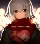  1girl absurdres bangs black_jacket blurry blurry_background blush box closed_mouth commentary_request depth_of_field envelope eyebrows_visible_through_hair gift gift_box grey_eyes grey_hair hair_between_eyes happy_valentine heart-shaped_box highres holding holding_gift jacket looking_at_viewer onimaru_gonpei original red_scarf scarf short_hair smile solo valentine 