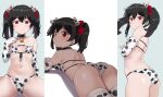  1girl animal_ears animal_print ass bare_shoulders bell bikini black_choker black_hair bow breasts choker cow_ears cow_horns cow_print cowbell elbow_gloves eyepatch_bikini fake_animal_ears fake_horns from_behind from_side front-tie_bikini front-tie_top gloves hair_bow highres horns kurokawa_makoto looking_at_viewer looking_back love_live! love_live!_school_idol_project lying multiple_views navel on_stomach red_bow red_eyes small_breasts string_bikini swimsuit thigh-highs twintails two-tone_bikini two-tone_legwear white_bikini yazawa_nico 