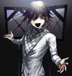 1boy :d bangs black_hair checkered checkered_scarf commentary_request dangan_ronpa_(series) dangan_ronpa_v3:_killing_harmony grey_jacket hair_between_eyes highres iei jacket light long_sleeves looking_at_viewer male_focus open_mouth ouma_kokichi purple_hair scarf short_hair smile solo spoilers straitjacket suzumetarou translation_request upper_body violet_eyes 