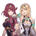  2girls bangs bare_legs bare_shoulders black_gloves blonde_hair breasts chest_jewel cleavage_cutout clothing_cutout dress earrings elbow_gloves fingerless_gloves gem gloves headpiece jewelry large_breasts long_hair multiple_girls mythra_(xenoblade) phrecklesart pyra_(xenoblade) red_eyes red_shorts redhead short_dress short_hair shorts smash_invitation super_smash_bros. swept_bangs thigh_strap tiara very_long_hair white_dress white_gloves xenoblade_chronicles_(series) xenoblade_chronicles_2 yellow_eyes 